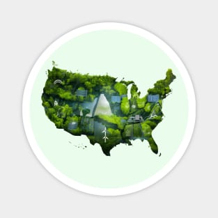 Green Map of America with Nature Trees Leaves Plants. Make America Green Again. Sustainability, Renewable Energy, Wind Solar. Save the Earth Go Green | Earth Day Awareness April 22 Magnet